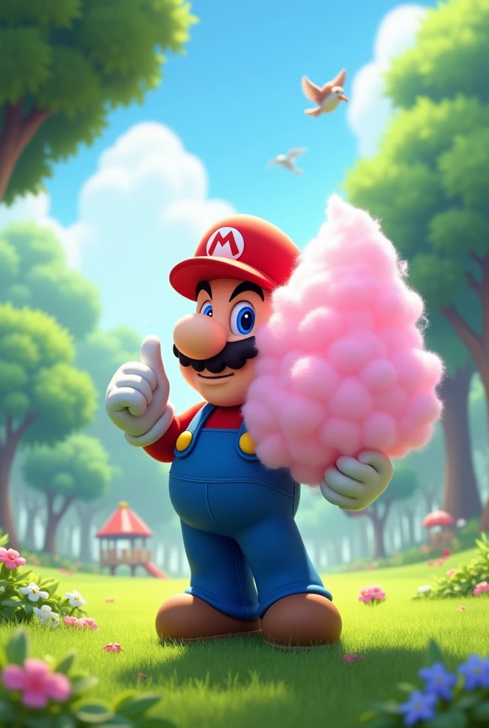 Super Mario eating cotton candy in a park