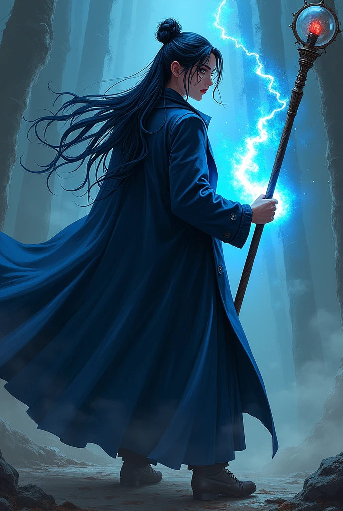 traditional comic art. d&d, magician, Bblack hair, Bun hair, dark blue overcoat, cajado de magician, traditional comic art. Sem fundo
poses heroicas
Luz e sombra dramáticas
detalhismo realista