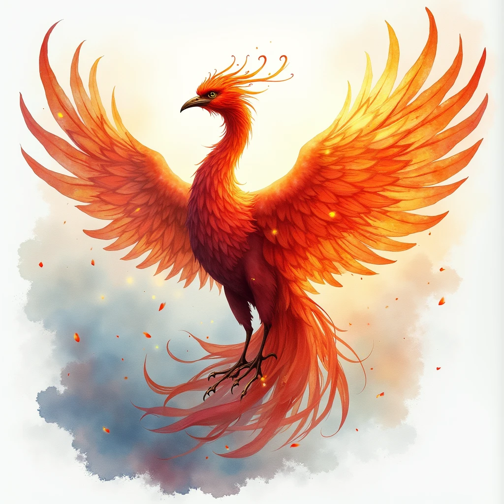 Mythical Phoenix, Watercolor painting art style, transparent and delicate layers, luminous and ethereal effects, spontaneous and fluid compositions, subtle gradients and blending, captures light and atmosphere, creates soft and dreamy scenes, (best quality, masterpiece, photorealistic), very aesthetic, perfect composition, intricate details, ultra-detailed, vivid colors