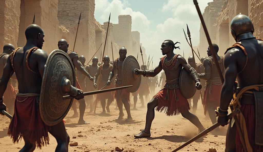 1400 a.c; (masterpiece, best quality) destroyed african village (Mozambique); Zulu warriors fighting great battle; attacking Celtic barbarians.