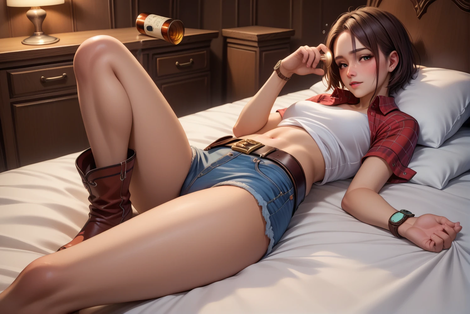 Sexy Cowgirl,Red plaid　Short short sleeves　collared cowgirl shirt,Denim hot pants,Western belt with holster,Western Boots,Watch on wrist,Navel exposed,Drunk,Above the knee shot,Open your eyes,Lying in bed,Ultra-high resolution,16K