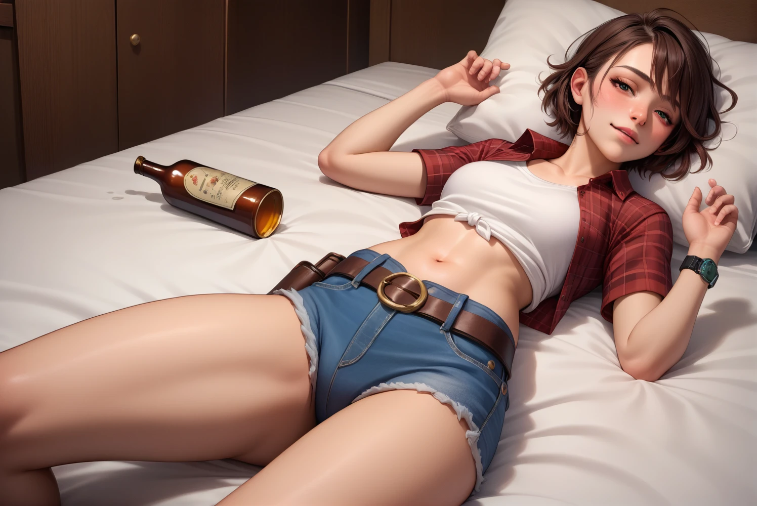 Sexy Cowgirl,Red plaid　Short short sleeves　collared cowgirl shirt,Denim hot pants,Western belt with holster,Western Boots,Watch on wrist,Navel exposed,Drunk,Above the knee shot,Open your eyes,Lying in bed,Ultra-high resolution,16K