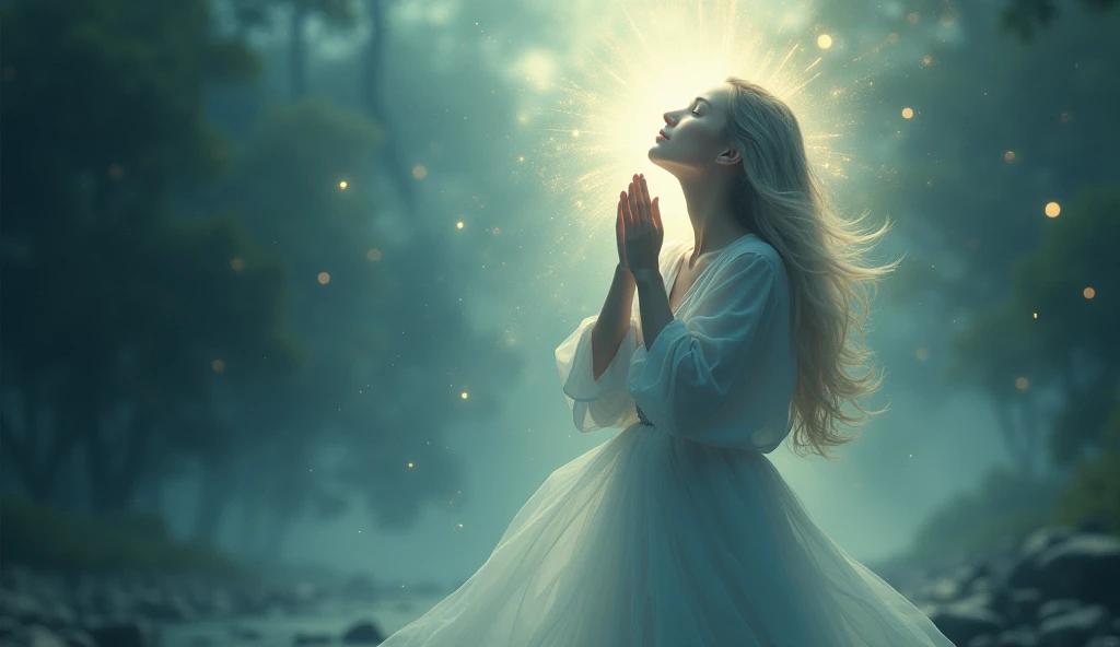 Faith as a force for personal transformation: A person in transformation with a bright aura, showing the influence of faith on personal change.