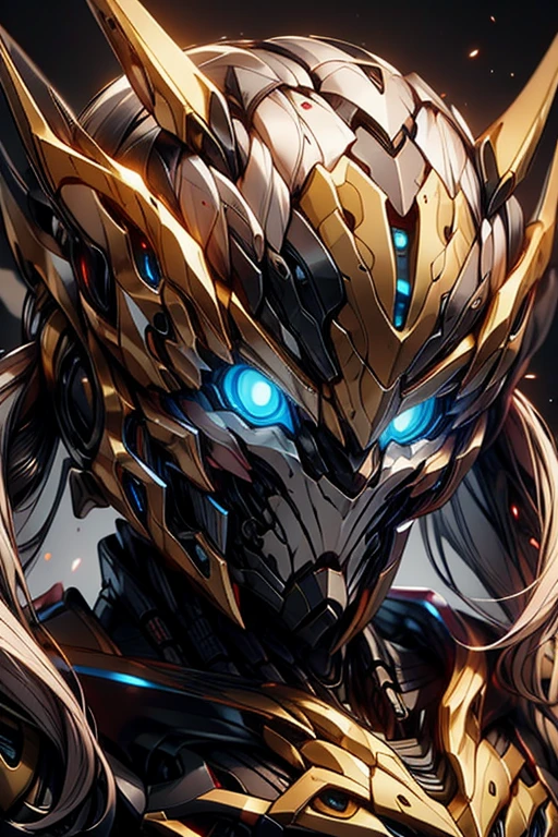 Masterpiece, high quality, Black mecha iron saga robot, glowing cyan eyes, very long white hair, close up, humanoid face,