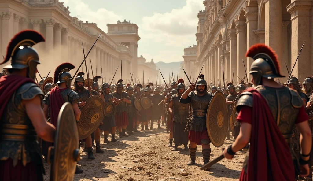 30 a.c; (masterpiece, best quality) destroyed city (Roma); great battle; Roman soldiers attacking Celtic barbarians.