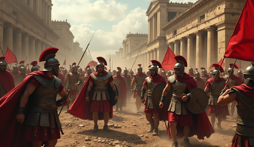 30 a.c; (masterpiece, best quality) destroyed city (Roma); great battle; Roman soldiers attacking Celtic barbarians.
