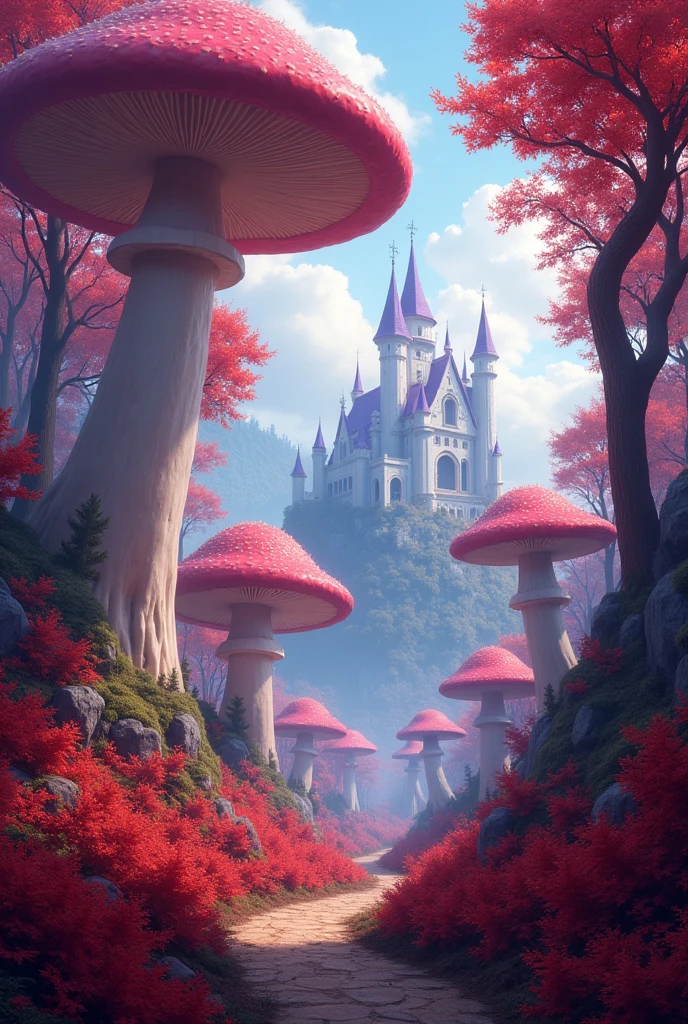 an enchanted forest with red terrestrial vegetation and many trees with red leaves. lots and lots of gigantic mushrooms in front of a kingdom with gigantic castles, It is important for castles to have white walls and PURPLE roofs. the kingdom is far away