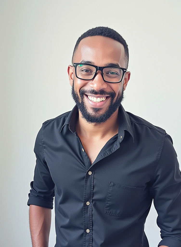 A young black man with a beard and glasses smiling