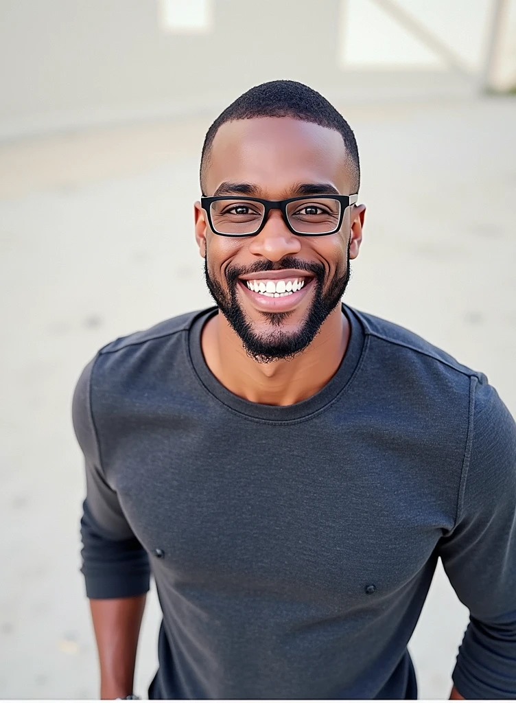 A young black man with a beard and glasses smiling 