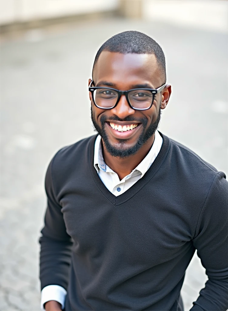 A young black man with a beard and glasses smiling