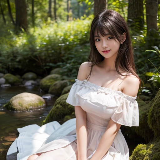 laughing out loud,2,Fold skirt,Fold your hands to your chest,long skirt, white skirt, (knee shot), 1 woman, On the face, light brown hair, blunt bangs, hair behind ears, Hair over the shoulders, long hair, Slender body type, Super thin face, face slimming, delicate lips, beautiful eyes, Thin blush, Eyes are light brown,Check it out here, (realistic:1.3), in the coniferous forest, One person's perspective, 8k, Super detailed, high quality, best quality, High resolution,(masterpiece))、(top quality)、8k、high detail、Super detailed,Seductive and whimsical style、masterpiece、born、Scenes resembling fairy tale illustrations、Intricate details and complex designs、Beautifully、magic、capricious、 Beautifully、Dream aesthetics、「𝓡𝓸𝓶𝓪𝓷𝓽𝓲𝓬、ethereal、charming、fickle、magic」、Realism、Visual effects、FXAA、SSAO、Shaders、voiceless、ambient lighting、Tone mapping、High resolution、Ultra high quality、Million pixels、(8k resolution:1.10)、8k、Below 8K、8k resolution、high detail、intricate details, (high quality:1.2、masterpiece:1.2、:1.21)、(female:1.21)、(Smile excitedly)、(full-body shot,Normal 2 feet,Put your hands behind you,The protrusion of the breast is visible when wearing clothes, Large Breasts, H cup chest, off-shoulder clothes