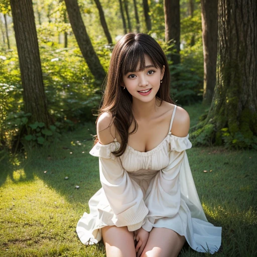 laughing out loud,2,Fold skirt,Fold your hands to your chest,long skirt, white skirt, (knee shot), 1 woman, On the face, light brown hair, blunt bangs, hair behind ears, Hair over the shoulders, long hair, Slender body type, Super thin face, face slimming, delicate lips, beautiful eyes, Thin blush, Eyes are light brown,Check it out here, (realistic:1.3), in the coniferous forest, One person's perspective, 8k, Super detailed, high quality, best quality, High resolution,(masterpiece))、(top quality)、8k、high detail、Super detailed,Seductive and whimsical style、masterpiece、born、Scenes resembling fairy tale illustrations、Intricate details and complex designs、Beautifully、magic、capricious、 Beautifully、Dream aesthetics、「𝓡𝓸𝓶𝓪𝓷𝓽𝓲𝓬、ethereal、charming、fickle、magic」、Realism、Visual effects、FXAA、SSAO、Shaders、voiceless、ambient lighting、Tone mapping、High resolution、Ultra high quality、Million pixels、(8k resolution:1.10)、8k、Below 8K、8k resolution、high detail、intricate details, (high quality:1.2、masterpiece:1.2、:1.21)、(female:1.21)、(Smile excitedly)、(full-body shot,Normal 2 feet,Put your hands behind you,The protrusion of the breast is visible when wearing clothes, Large Breasts, H cup chest, off-shoulder clothes