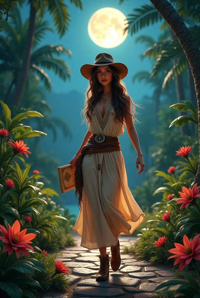 Indiana jones theme, female, woman, tropical flowers, stone path, moonlight, smiling, compass, hat, long hair, brown hair, map, brown eyes, looking at viewer, dress