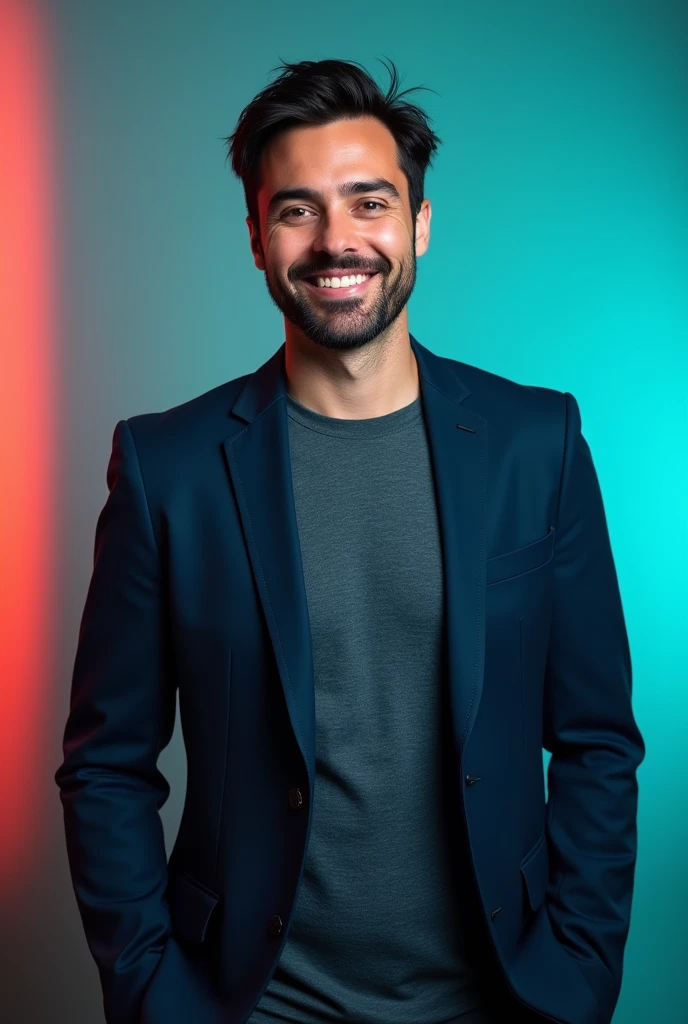 A man body weight 82 kg with dark hair and a confident smile. Litte beard Swelling of the cheeks , He is dressed in a nevy blue blazer over a T-shirt. The man is positioned against aqua colour backdrop with a subtle red lighting on the left side. And he posing linkedin profile
