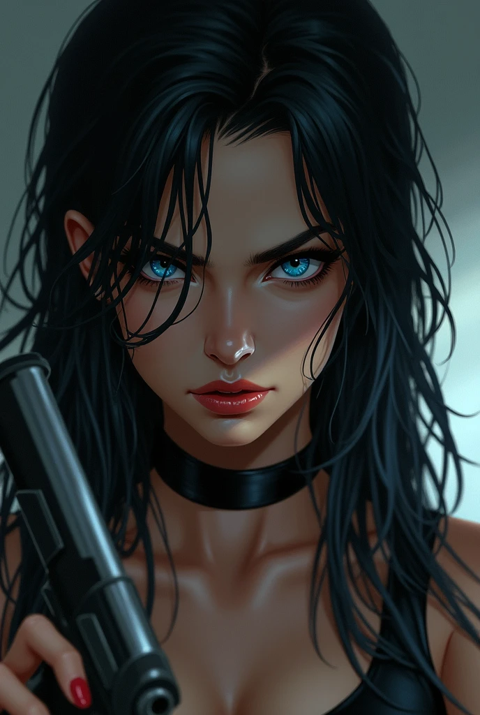A close-up of a woman&#39;s very blue eyes, angry look, linda, black hair, black clothes, and a gun in his hand