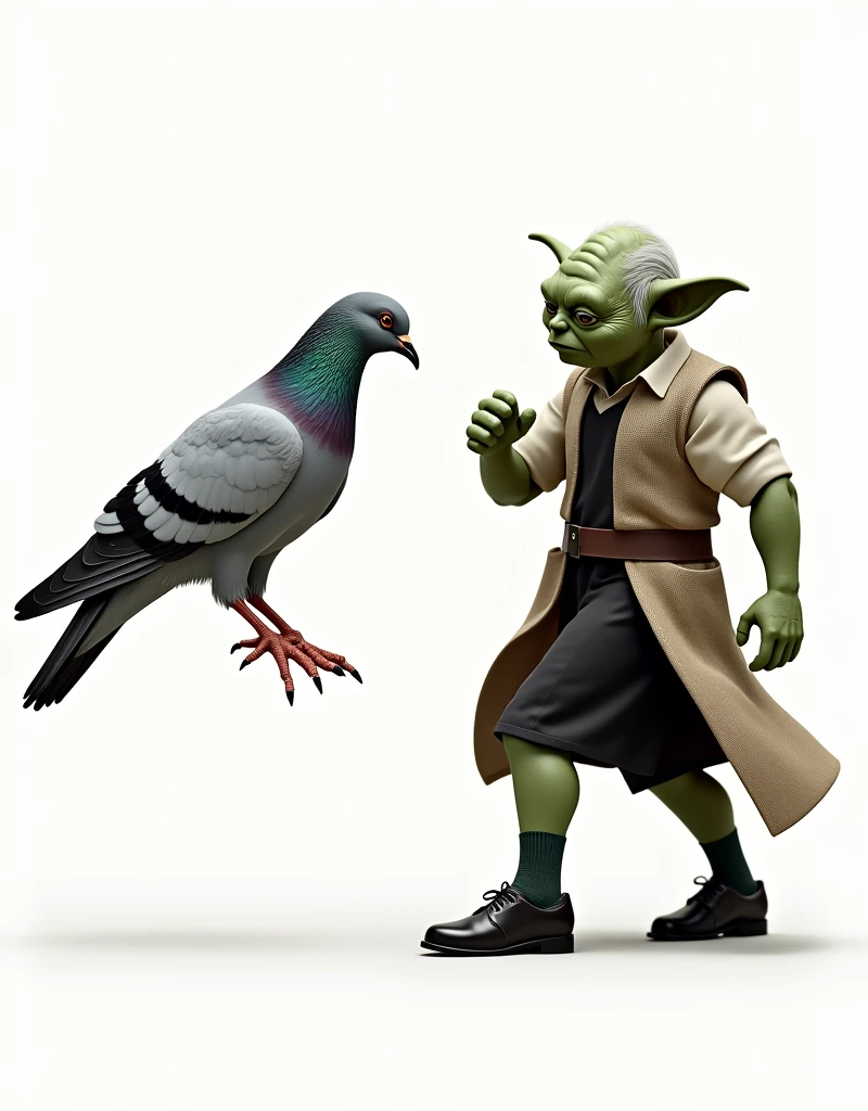 ((Highest quality)), ((masterpiece)), Fighting with Master Yoda、A gray female pigeon wearing an off-white collared short-sleeved shirt, a light brown vest, a knee-length black skirt, dark green socks and black shoes.、Muscular grey female pigeon like a bodybuilder、Photo-realistic images、Background is white
