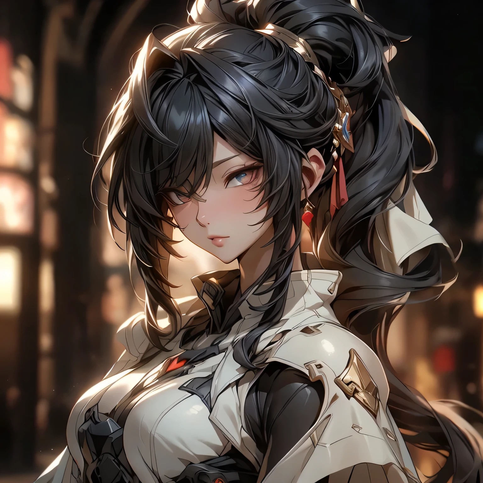 (best quality)), ((Masterpiece)), (details:1.4), 3d, HDR (high dynamic range), an image of a beautiful cyberpunk female, Black hair, High ponytail, Full body, Golden eyes, จมูกโด่ง, ปากแดง, หน้าอกใหญ่, nvidia RTX, PBR surface, After processing, Anisotropic filtration,depth of field, Maximum clarity and clarity, multi-layered surface, Subsurface scattering, perfect proportions, 8K raw files, ultra detailed, Perfect proportions, volumetric lighting, soft lighting, Holy Paladin, Heavy Blacke Armor, glossy skin, castle background, jewely, ต่างหู, นิ้วมือสมบูรณ์,