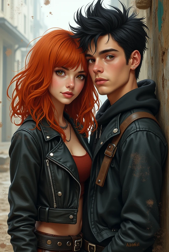 Girl with shoulder-length copper-red hair in Nordic style, medium bust, wearing rocker style clothes/grunge light brown eyes next to boyfriend with medium black hair in the rock quiff style Billy 60s in Brazilian realism