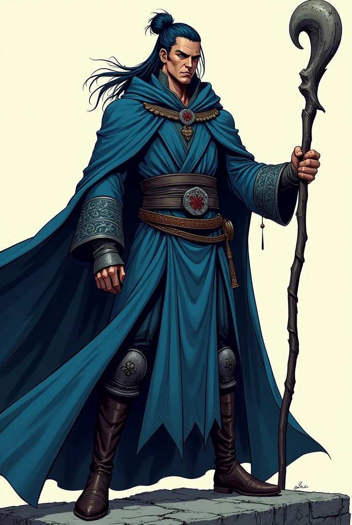 traditional comic art. d&d, Man Wizard, Bblack hair, Bun hair, dark blue overcoat, wizard&#39;s staff, traditional comic art. Sem fundo
poses heroicas
Luz e sombra dramáticas
detalhismo realista
