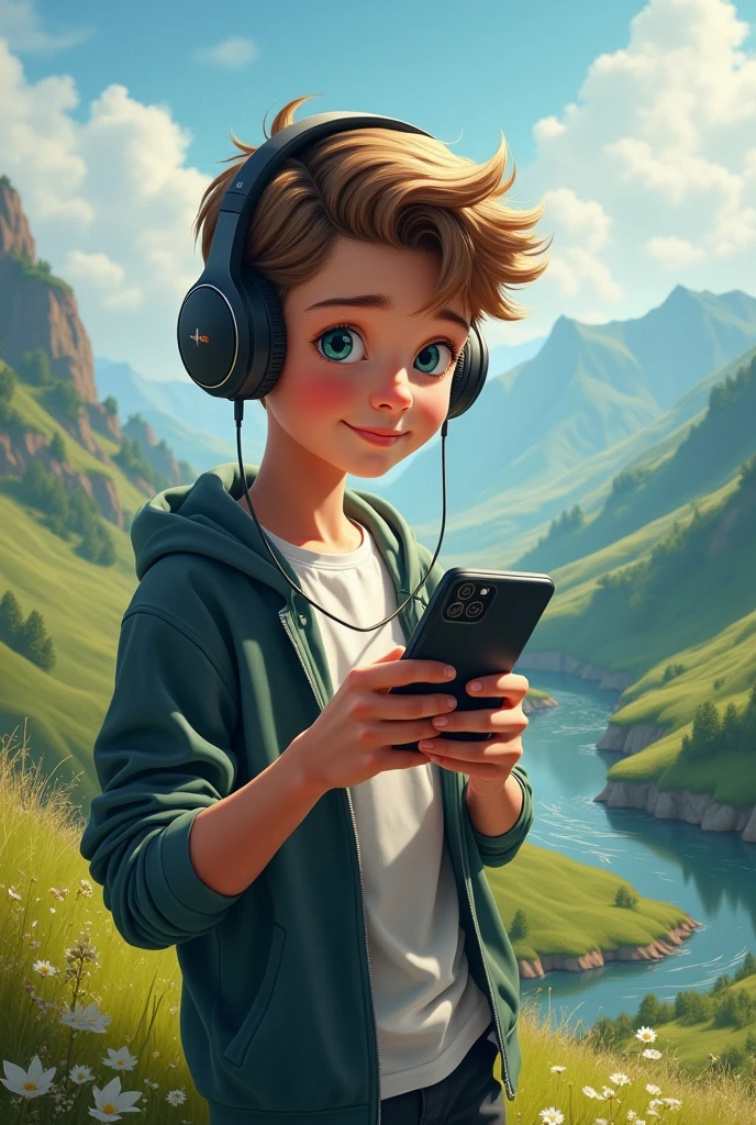 1 boy with headphones and cell phone with a beautiful lead landscape background and a flirtatious look
