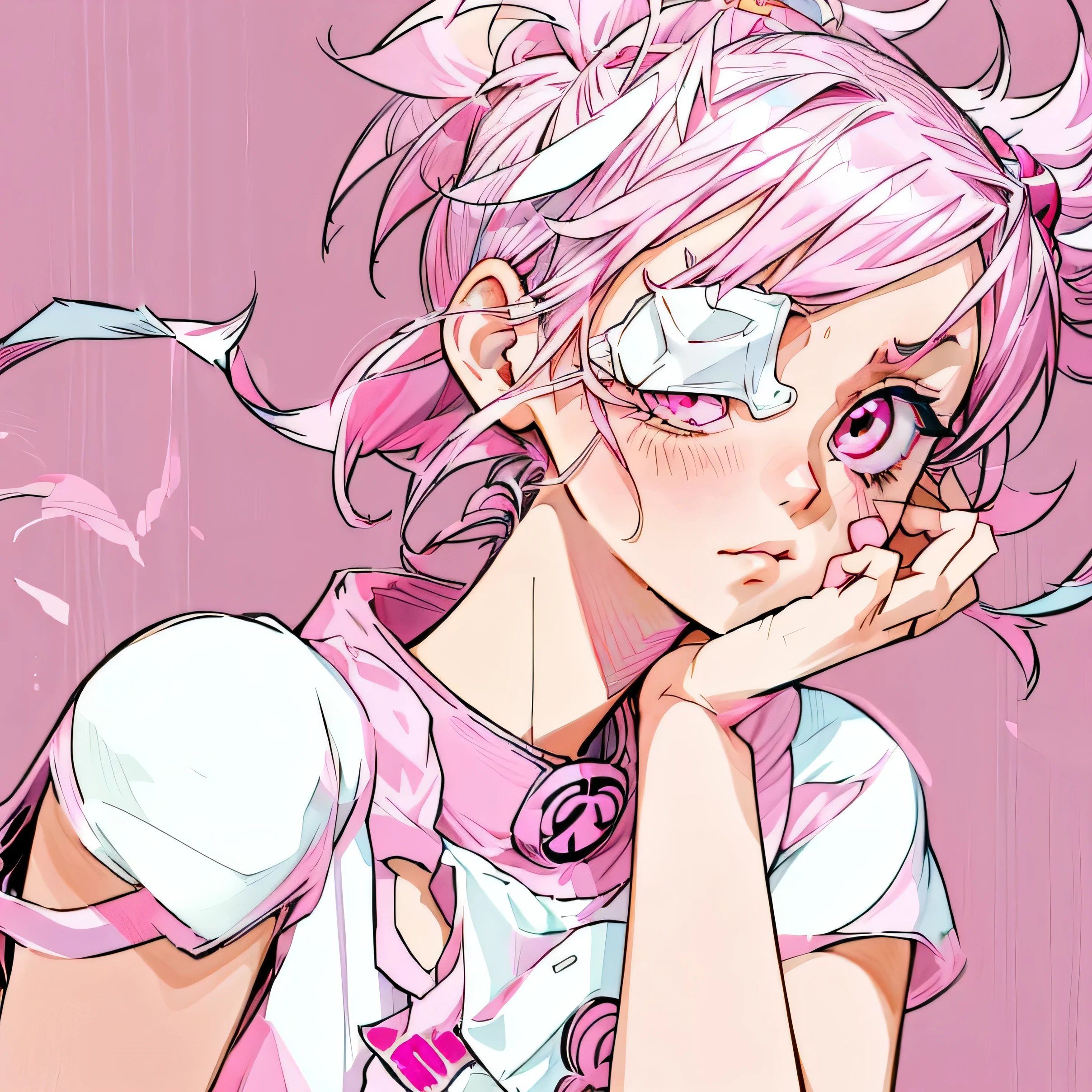 anime girl with pink eyes and a towel on her head, in an anime style, haruno sakura, pink girl, clean detailed anime style, 2 d anime style, wearing an eyepatch, ((pink)), anime style portrait, pink face, anime styled, in anime style, sakura haruno, betty cooper, flat anime style shading, pink eyes without hands