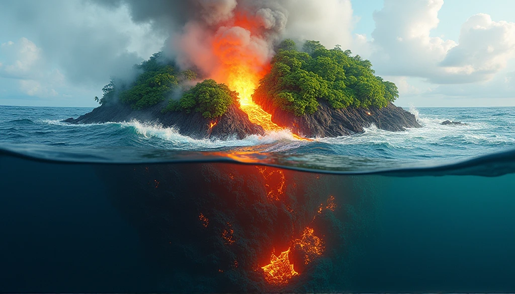 there are many fish swimming in the ocean under the sunset, background artwork, big island, burning ocean, hawaii, amazing depth, 4k still, underwater explosion, incredible depth, lava, on background red lake on fire, wallpaper - 1 0 2 4, amazing wallpaper, stylized digital illustration, beautiful wallpaper, volcano background, illustrative, fire and water, universal background
