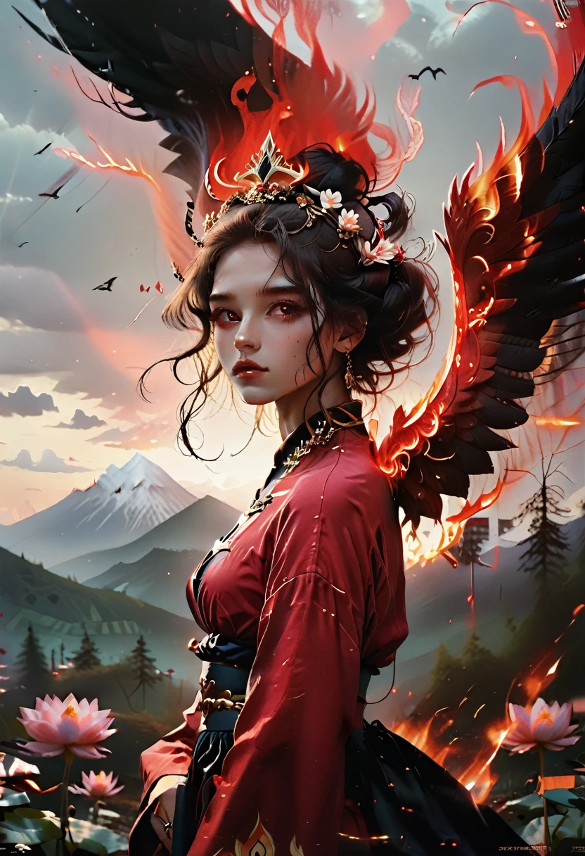 (Masterpiece, best quality: 1.2), a girl with phoenix wings standing in a ring of fire, with glowing red eyes, phoenix, lotus flowers, red gold pink, sunrise from mountain at the background