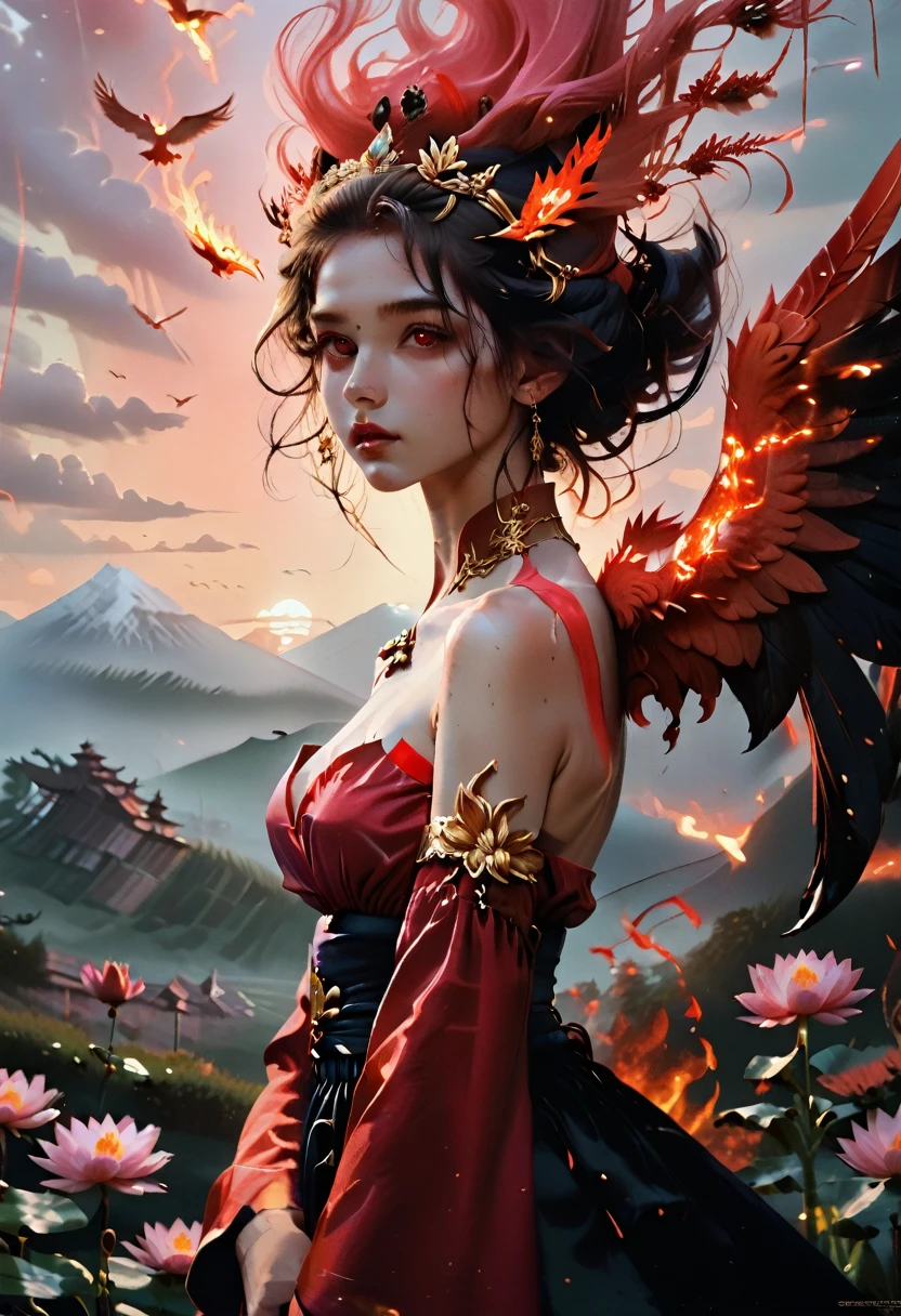 (Masterpiece, best quality: 1.2), a girl with phoenix wings standing in a ring of fire, with glowing red eyes, phoenix, lotus flowers, red gold pink, sunrise from mountain at the background