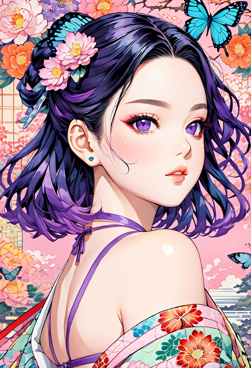A mesmerizing surreal illustration of Shinobu Kouchou from Kimetsu No Yaiba. She has black hair, purple eyes, a butterfly hair ornament, and wears a vibrant pastel colored bikini. The background is a vintage floral-patterned wallpaper that complements the artwork's colors. The line work is precise, with delicate shading that gives the illustration a 3D quality.