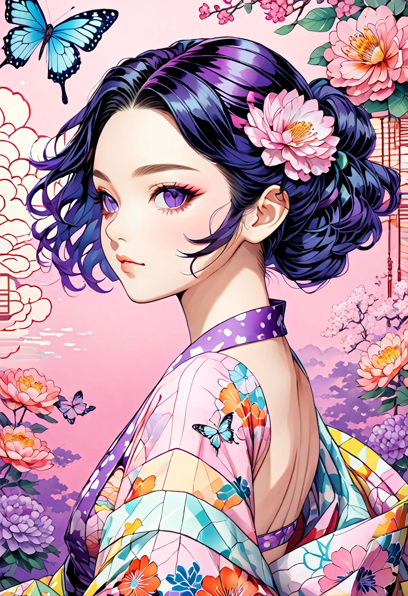 A mesmerizing surreal illustration of Shinobu Kouchou from Kimetsu No Yaiba. She has black hair, purple eyes, a butterfly hair ornament, and wears a vibrant pastel colored bikini. The background is a vintage floral-patterned wallpaper that complements the artwork's colors. The line work is precise, with delicate shading that gives the illustration a 3D quality.