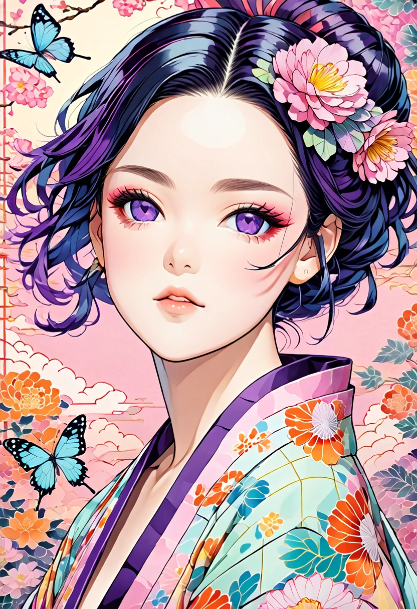 A mesmerizing surreal illustration of Shinobu Kouchou from Kimetsu No Yaiba. She has black hair, purple eyes, a butterfly hair ornament, and wears a vibrant pastel colored bikini. The background is a vintage floral-patterned wallpaper that complements the artwork's colors. The line work is precise, with delicate shading that gives the illustration a 3D quality.