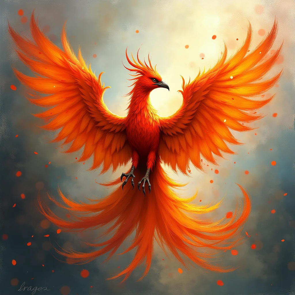 Mythical Phoenix, Impressionism painting art style, loose brushwork, captures the fleeting effects of light and atmosphere, (best quality, masterpiece, photorealistic), very aesthetic, perfect composition, intricate details, ultra-detailed, vivid colors