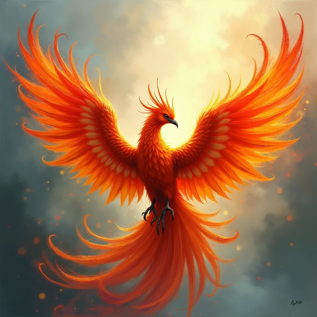 Mythical Phoenix, Impressionism painting art style, loose brushwork, captures the fleeting effects of light and atmosphere, (best quality, masterpiece, photorealistic), very aesthetic, perfect composition, intricate details, ultra-detailed, vivid colors