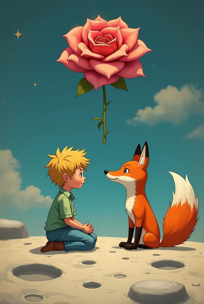 Create an image where the little prince and the fox are sitting on the moon looking into each other's eyes with a dominant look and tie this to a large rose in the sky with a pencil