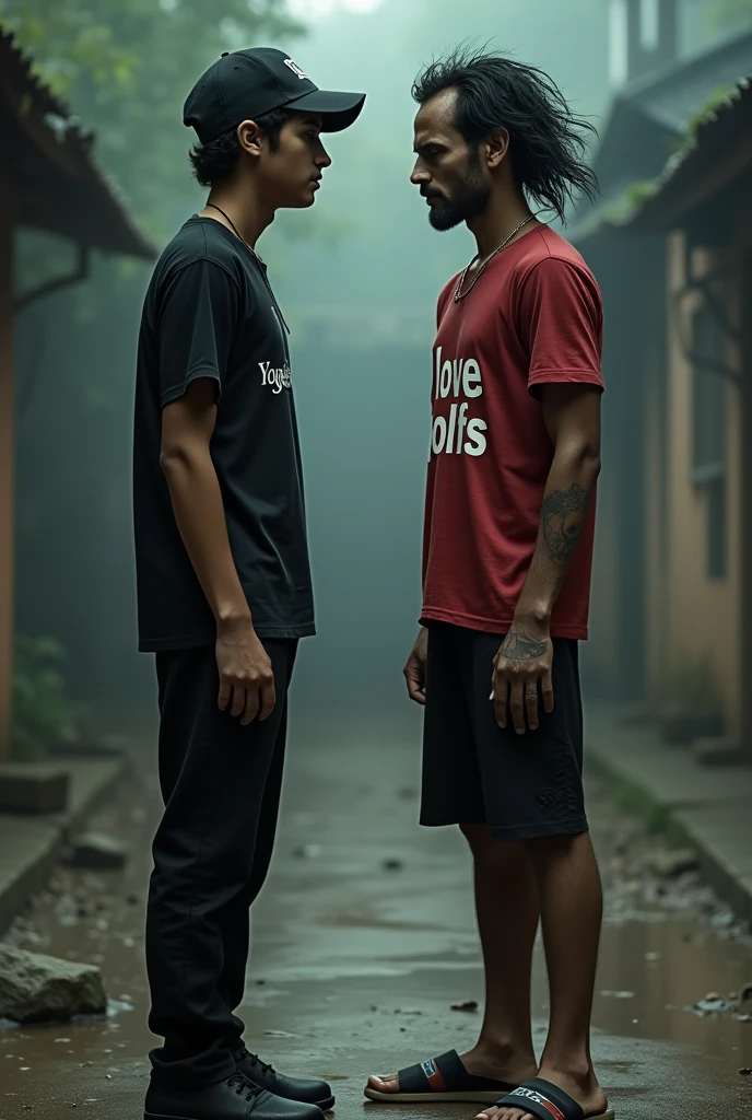 A 18 year younger boy wearing black tshirt and lower , the character wearing black cap, YOGESH RATHOR name on the tshirt,
twenty-five year old man with disheveled black hair. Eyes red, black pointy nails, wearing a red shirt with the words "I love Wolfs" and black shorts. body skinny
