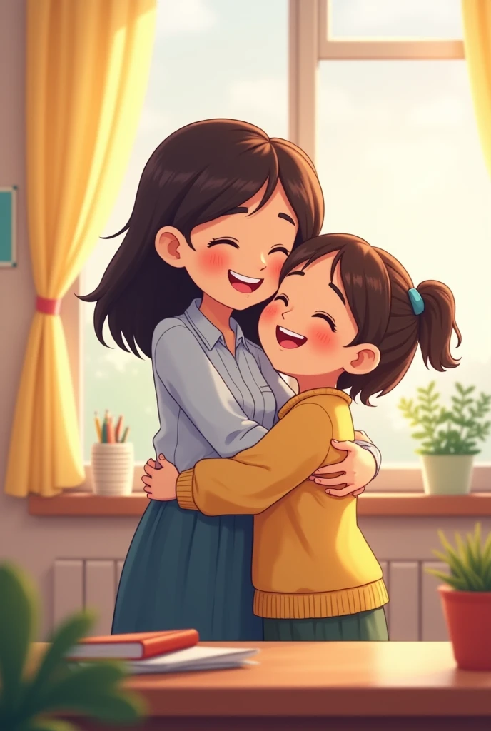 Images of a teacher with her female student hugging her Kawaii animated cartoon

