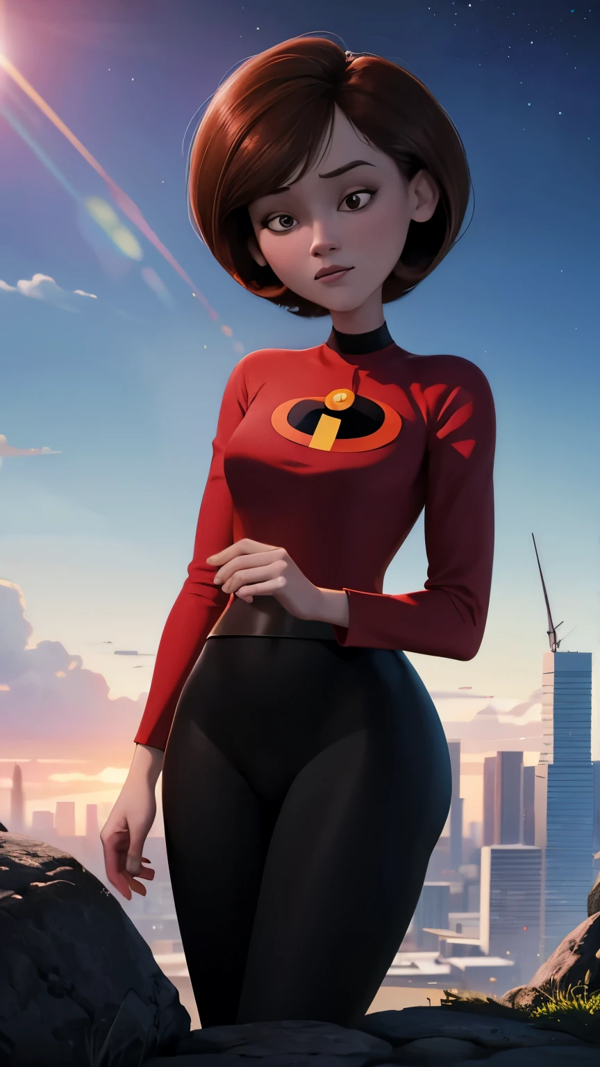 artwork, Best Quality, outdoor, Lens flare, depth of field, 1 girl, alone, looking at the viewer, old, helenparr, Red long sleeve blouse, Black pants, Session, ceiling, night sky