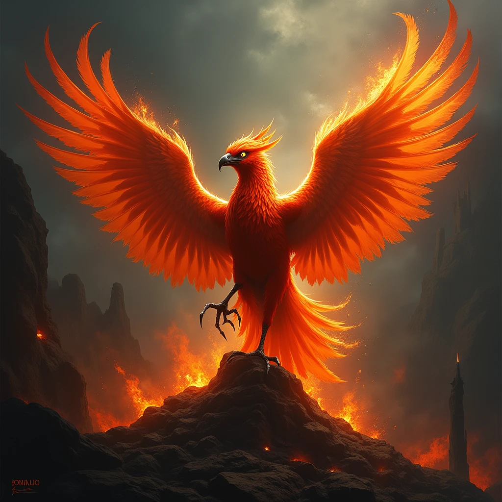 Mythical Phoenix, fire, Grimdark painting art style, dark and brooding composition, dramatic lighting, captures the sinister and macabre atmosphere, (best quality, masterpiece, photorealistic), very aesthetic, perfect composition, intricate details, ultra-detailed, vivid colors