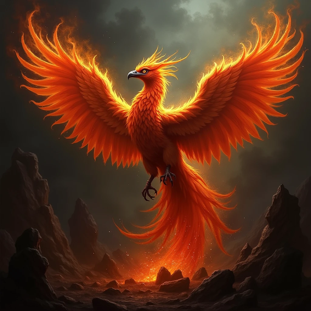 Mythical Phoenix, fire, Grimdark painting art style, dark and brooding composition, dramatic lighting, captures the sinister and macabre atmosphere, (best quality, masterpiece, photorealistic), very aesthetic, perfect composition, intricate details, ultra-detailed, vivid colors