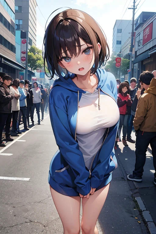 (Blue Naked Hoodie)、short hair、Zip-up、cool、Showing off her breasts、Estrus、excited、Black Hair、Pillar、Big Breasts、((No bra))、Milk rush、City、In town、crowd、Get noticed、Have your picture taken、(M-shaped legs)、squat、Pussy、Pussy、Lower body naked、Put the sausage against the crotch、(Spread your legs)、(Spread your legs)、Outdoor masturbation、Pussyにソーセージを入れる、Pre-cum、Slosh、Muddy、Pussy汁