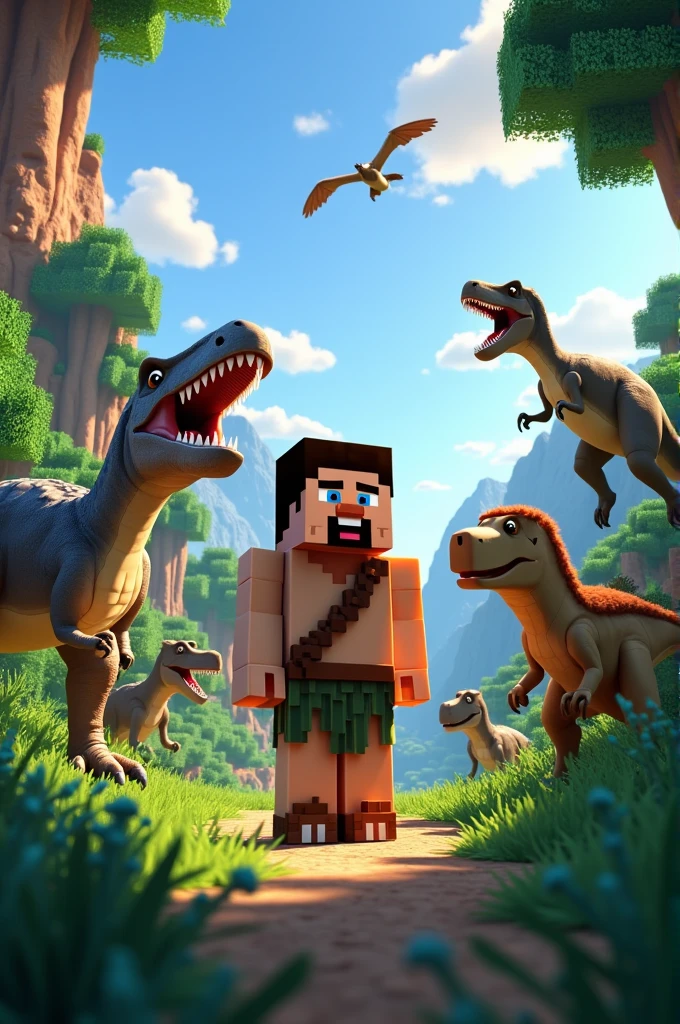 Create a prehistoric minecraft image, put several dinosaurs and Steve dressed as a caveman and put a text that says welcome to the server in the upper part