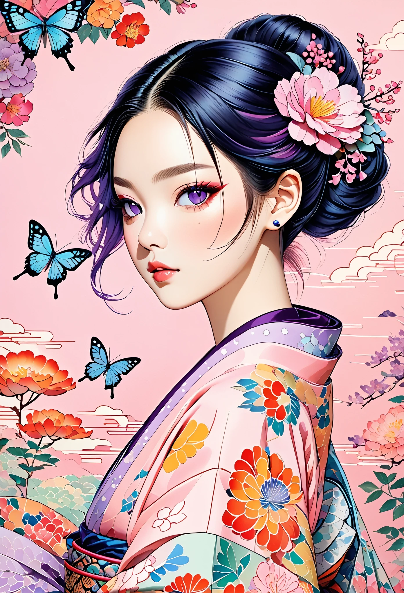 A mesmerizing surreal illustration of a young japanese woman resembling Shinobu Kouchou. She has black hair, purple eyes, a butterfly hair ornament, and wears a vibrant pastel colored outfit adorned with intricate floral patterns. Freckles dot her smooth, warm complexion, and bold, colorful tattoos cover her arms and legs. The tattoos feature traditional Japanese motifs like flowers and mythical creatures, rendered with meticulous detail in a pastel color palette. The background is a vintage floral-patterned wallpaper that complements the artwork's colors. The line work is precise, with delicate shading that gives the illustration a 3D quality. The artwork fuses modern illustration techniques with traditional Japanese aesthetics, resulting in a visually striking, portrait,