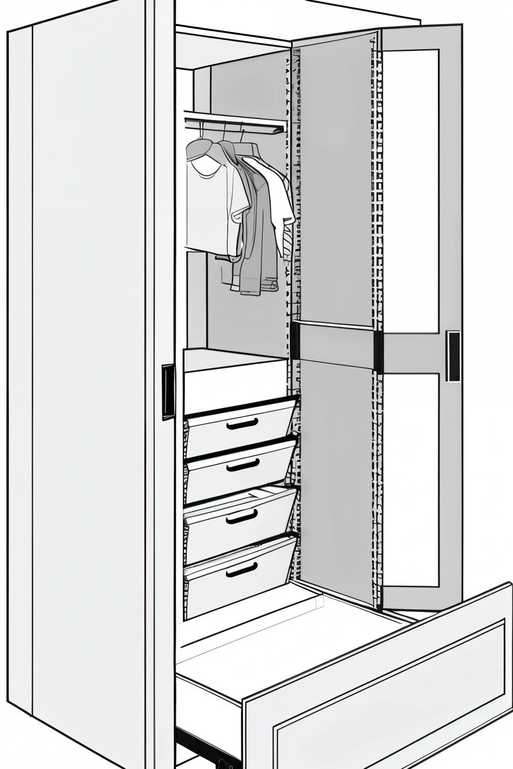 "Generate a 3D isometric line drawing of a modern wardrobe with multiple compartments. The wardrobe should have an L-shaped design., with the left section extending horizontally and featuring hanging cabinets. The main center section should have space to hang clothes and include a series of vertical cabinets on either side., each with drawers at the bottom. O design deve ser minimalista, with straight and clean lines, and the entire structure should be shown in a simple, monochromatic style."