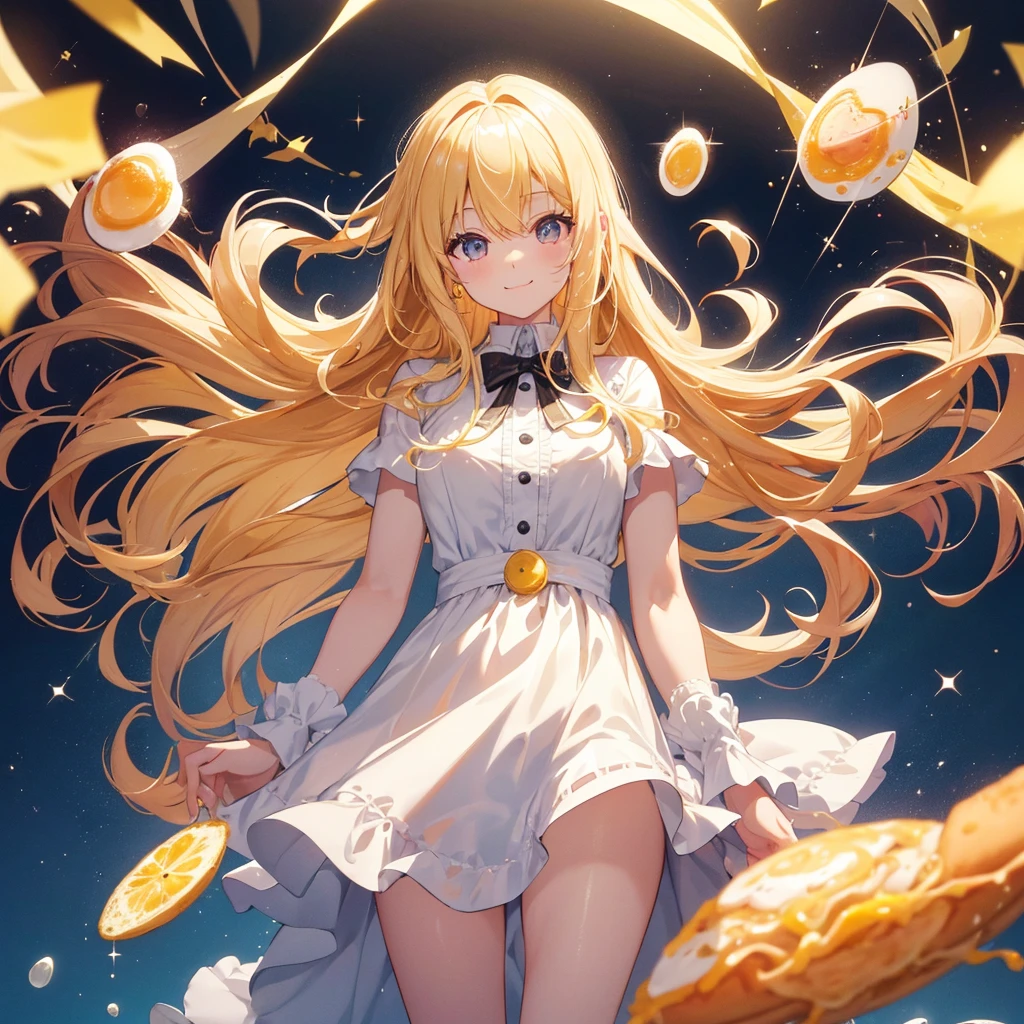One person, High resolution, Blonde, Very long hair, Highest quality, Very detailed, Happy scene,Sparkling Fried egg,Fried egg, Wiener, eyes sparkling at the sight of Fried egg, :3, smile, cute,Bold composition