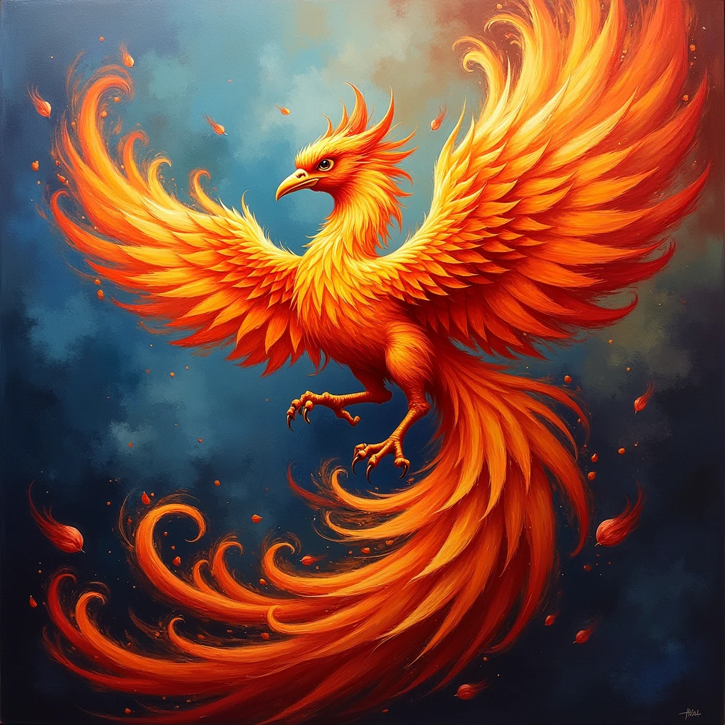 Mythical Phoenix, Acrylic Paint art style, fast-drying paint, versatile, vibrant colors, expressive brushwork, rich textures, dynamic compositions, bold contrasts, layered depth, tactile quality, fluid movement, lively energy, immersive atmosphere, professional-grade finish, (best quality, masterpiece, photorealistic), very aesthetic, perfect composition, intricate details, ultra-detailed, vivid colors
