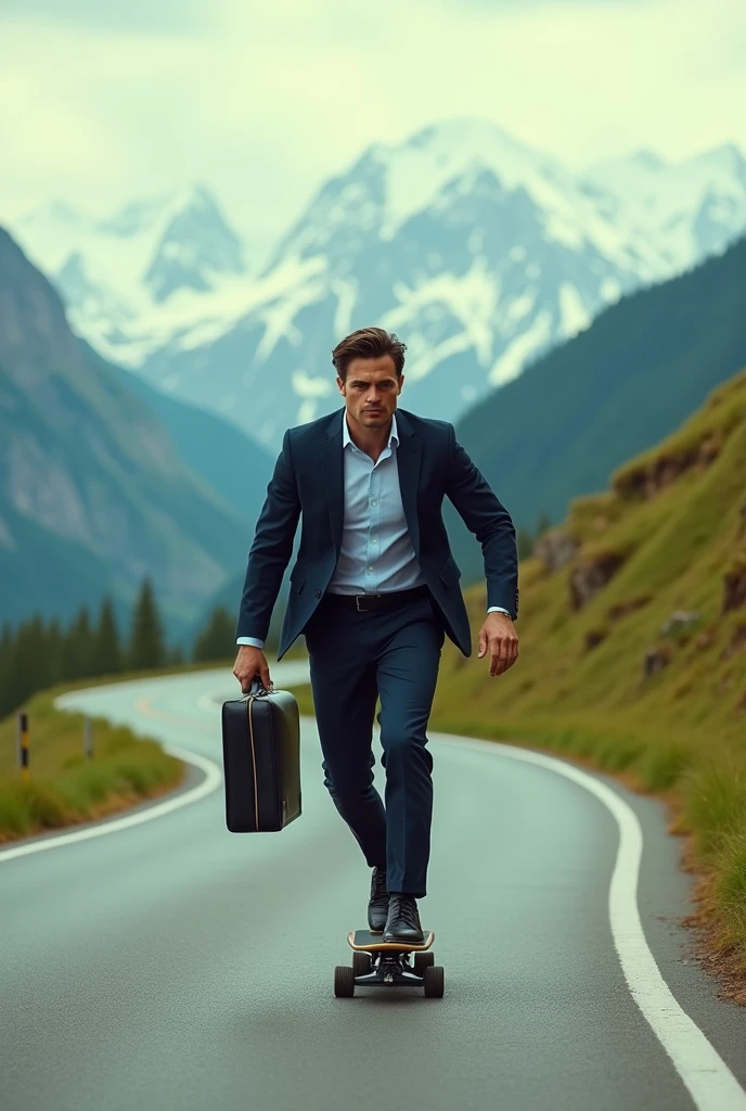 A young businessman in a suit, holding a black briefcase, is skateboarding down a winding road on a hill. The scene captures a lot of dynamic motion with the man in an intense, action-oriented pose. He is looking directly at the camera with a confident expression. The image is ultra-realistic, with an emphasis on motion blur and energy. The setting remains in a mountainous area with lush green hills and snow-capped peaks in the background. The image is shot in a 35mm film photography style, adding a cinematic feel with rich colors, dramatic lighting, and even more light and brightness for a vibrant, lively look.