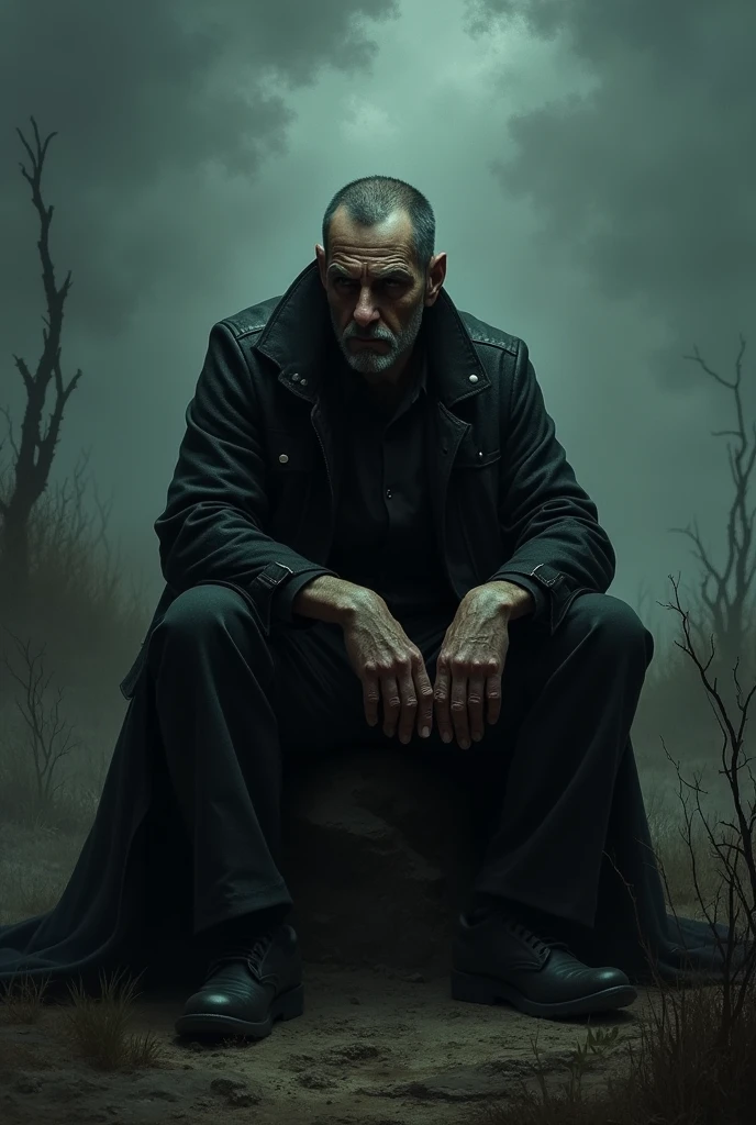 An evil man thinking about his evil deeds, dark and gloomy scenery 