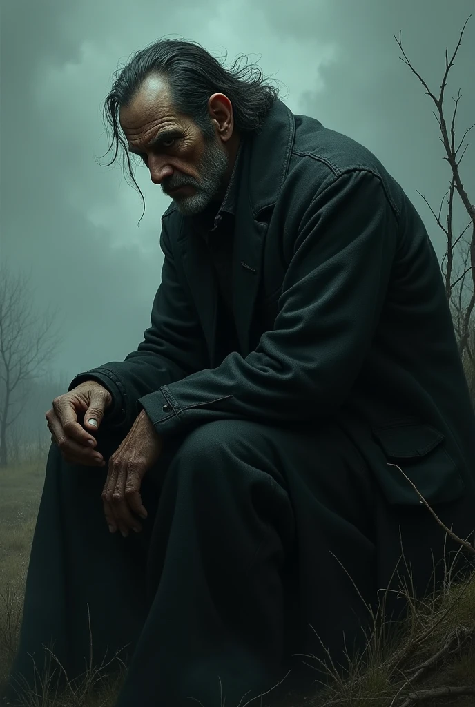 An evil man thinking about his evil deeds, dark and gloomy scenery 