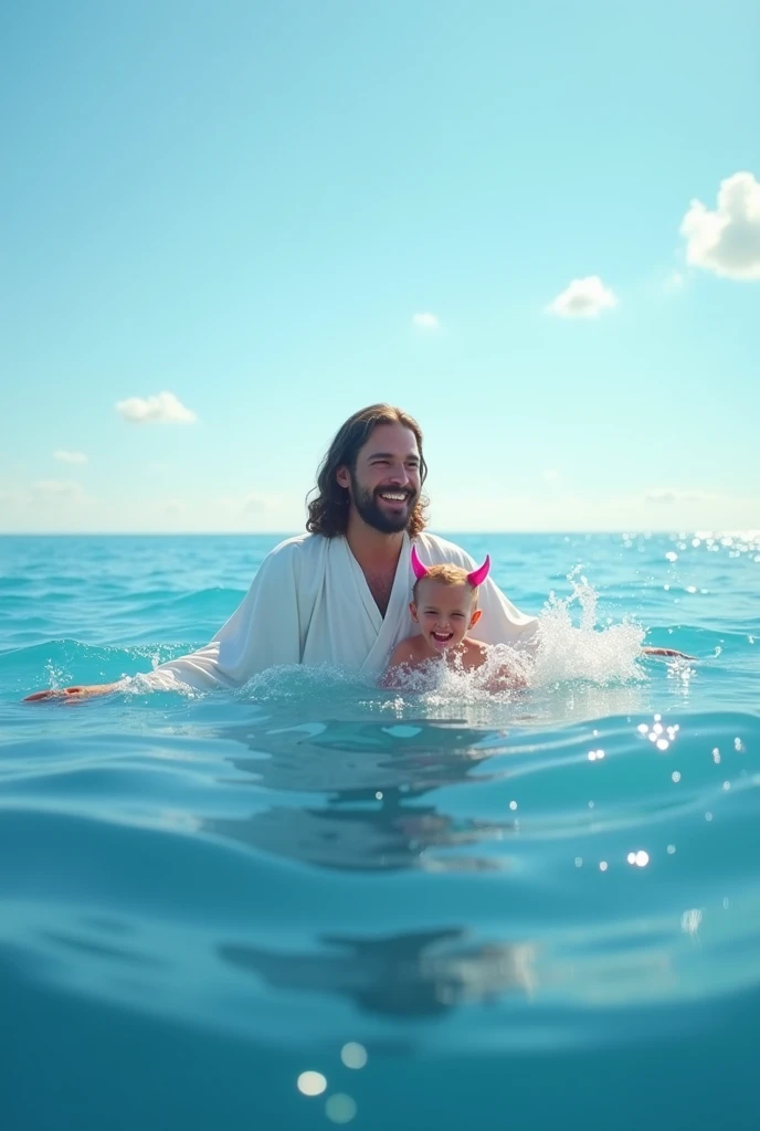 In the vast, open sea under a clear blue sky, Jesus and a small, cute devil are swimming together, having left their boat behind. Jesus, dressed in white robes that flow gracefully in the water, is smiling warmly, enjoying the serene moment. Beside Him, the cute devil with tiny horns and pink ears splashes around playfully, its innocent eyes gleaming with joy. The gentle waves reflect the sunlight, creating a sparkling effect on the water’s surface. The scene is depicted in hyper-realistic, ultra HD quality, with the vibrant blues of the sea contrasting beautifully with the white of Jesus' robes and the soft tones of the devil."