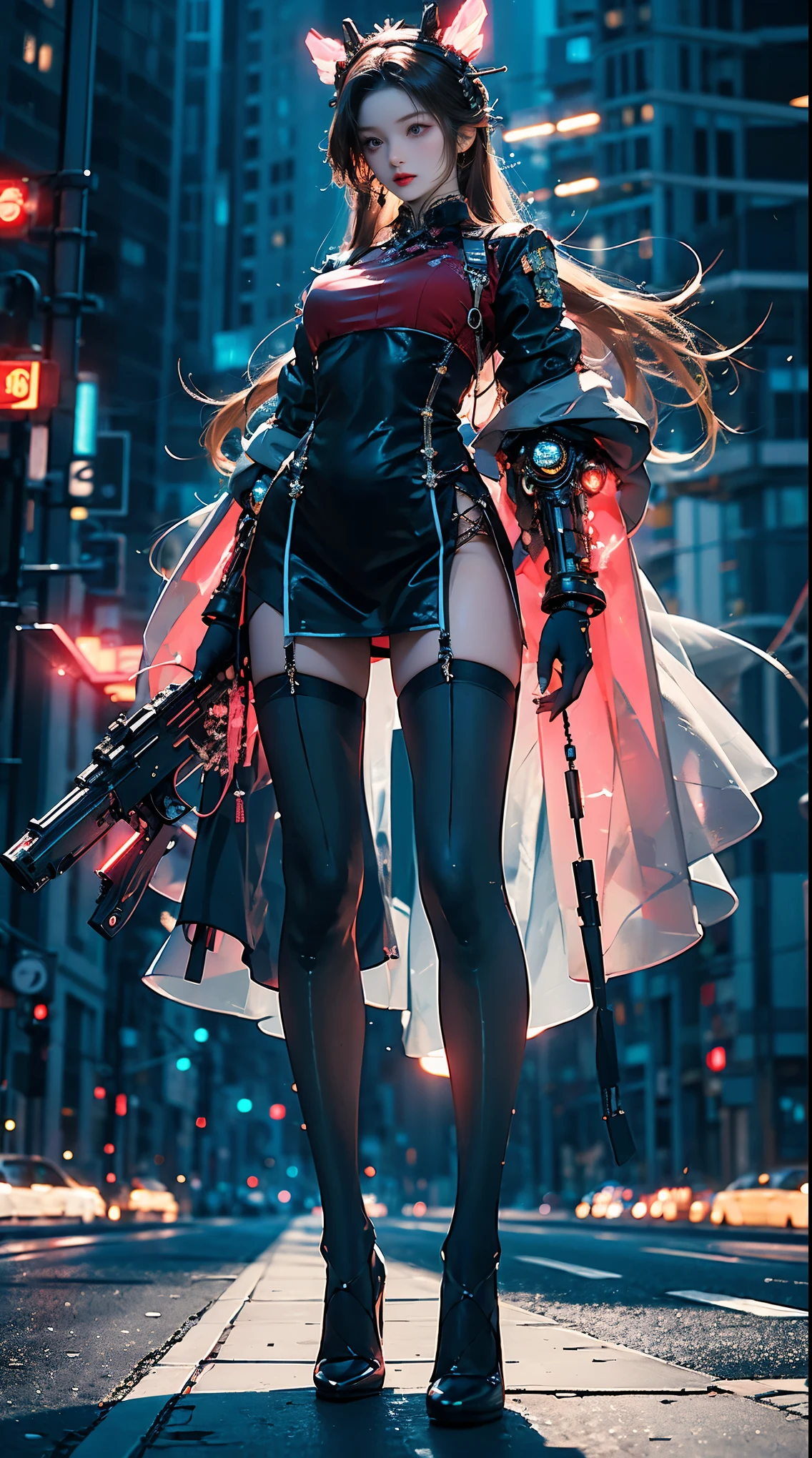 Masterpiece, best quality, high resolution, one woman, from below, very thin and straight legs, very long legs, straight legs, high heels, long legs, perfect body with perfect legs, front view showing long legs, perfect body, exterior, telegraph slang, dynamic pose, exquisite eyes, brown eyes, eye shadow, wearing makeup, long blonde hair, detailed face, detailed eyes, looking at viewer, blusher (wearing makeup), plump lips, red lips, long gray hair (1.3), mechanically static, summon mech, headdress (1.1), headgear, dressed like a student in , black lace stockings, stocking suspenders, city, luminous winding, with a gun in hand, weapon, completely mechanical and futuristic elements, technology, background is modern New York City streets with cars passing by, sky, slim (1.2), dramatic lighting, vivid details.